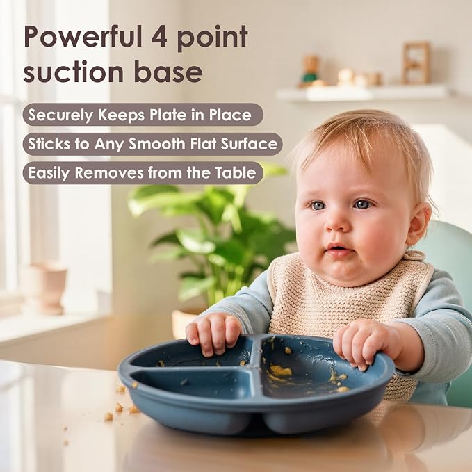 Tiny Marvels Baby Plates 3 Pack, 100% Food Grade Silicone Toddler Plates, Divided Baby Suction Plates, Non-Slip Toddler Plate Set, Baby Led Weaning Supplies, Microwave & Dishwasher Safe