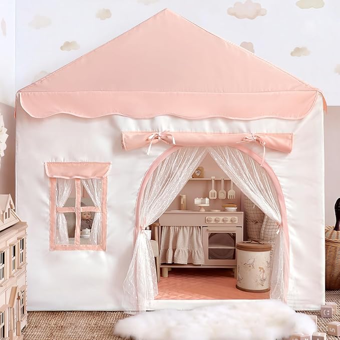 Kids Play Tent with Double Door Children's Playhouse Tents Pink- Portable Fantasy Adventure Castle for Girls, Kids Tent with Mat, House Toys for Girl Birthday, Christmas House Gift