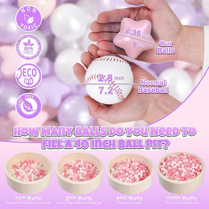 GOGOSO Pink and Purple Star Pit Balls for GirlsToddlers for Playhouse, Baby Pool, Play Ball Fun Centers, for Babies, Kids, Toddlers, Phthalate Free BPA Free