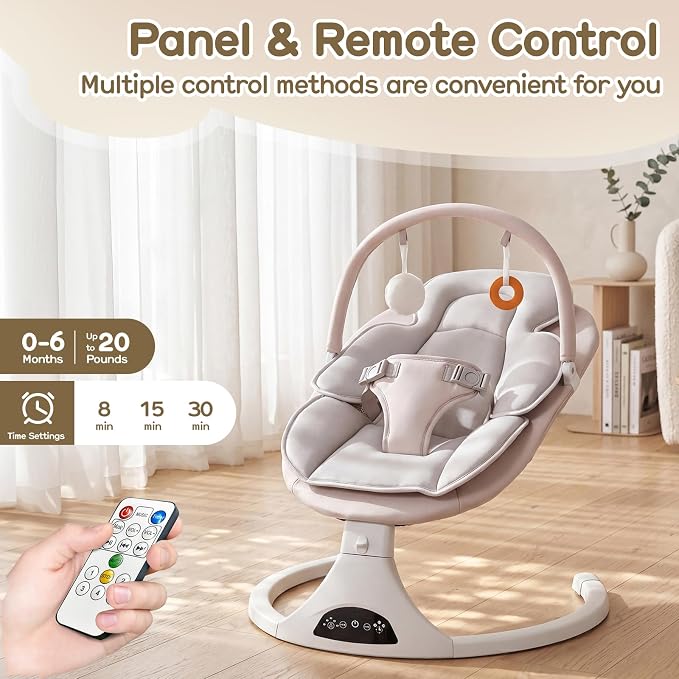 Electric Baby Swing with Remote Control - 5 Natural Motion Speeds, Detachable Seat Pad | Portable Infant Swing for Indoor/Outdoor Use (0-6M, 20lbs) (Beige)