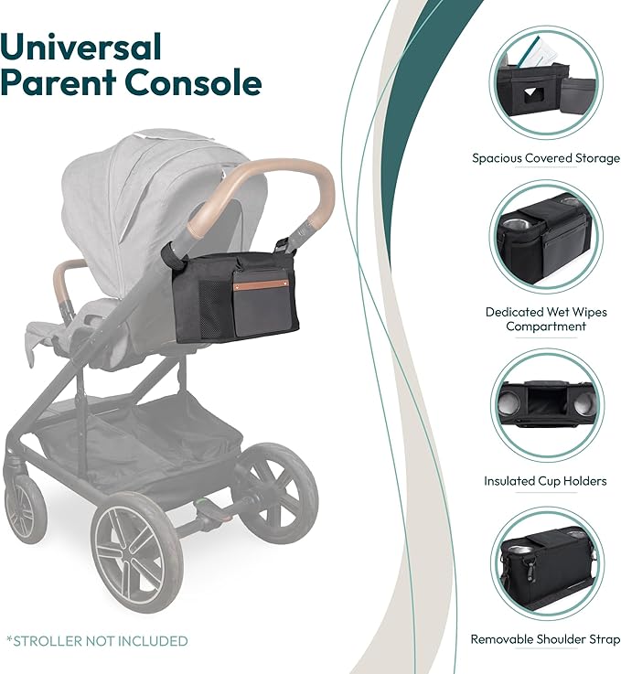 WONDERFOLD Universal Parent Console Stroller Organizer with Insulated Cup Holders, Hook & Loop Closure Handle Attachment, 2 Storage Pockets, Removable Shoulder Strap for Easy Transport