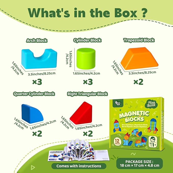 Pairez Toys Magnetic Building Blocks, Large Magnetic Blocks for Kids Ages 1-3, 3D Geometric Shapes Stacking Blocks Set, Montessori Sensory Toys for Toddlers, Boys & Girls (12pcs)