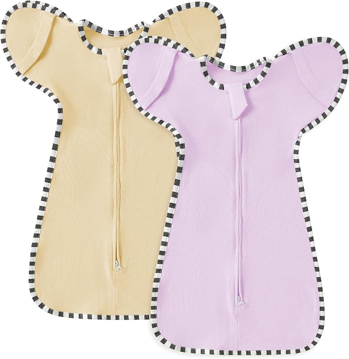 Soft Cotton Swaddle Blanket, Arms Up Baby Sleep Sack, Wearable Sleep Bag for Boys Girls (Purple + Light Khaki, L(6-9 Months))