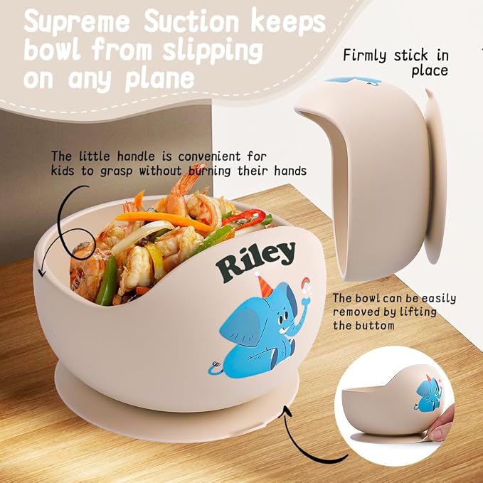 TYRY.HU Personalized Baby Bowl with Suction with Name, Baby Spoon and Fork with Name, Baby Led Weaning Supplies, Silicone Baby Feeding Set (Beige)
