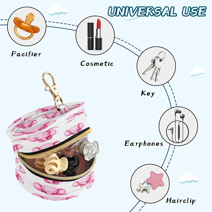 Pink Elephant Pacifier Holder Case with Clip Portable Small Travel Pacifier Pouch for Mom Bag Zipper Coin Purse Pendant