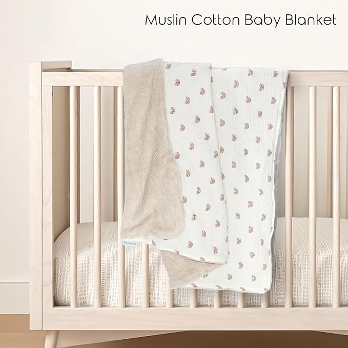 Soft & Breathable Baby Organic Cotton Muslin Blanket with Warm Flannel Lining, Unisex Crib Blanket for Toddlers, Large 43x43 Inches (Rainbow)