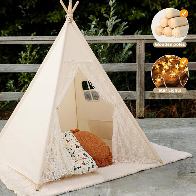 Kids Tent for Girls Indoor, Teepee Tent for Kids with Lights, Foldable Play Tent for Bedroom Corner, Cozy Toddler Tent Reading Nook & Birthday Gift