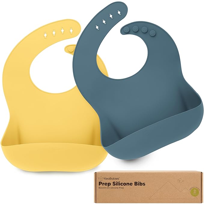 KeaBabies 2-Pack Silicone Bibs for Babies, Toddlers Girl, Boy ??Sturdy Food-Grade Baby Bibs for Eating, Large Food Catcher, Clean & Put On Easily, Waterproof Toddler Feeding Essentials (Valiant)