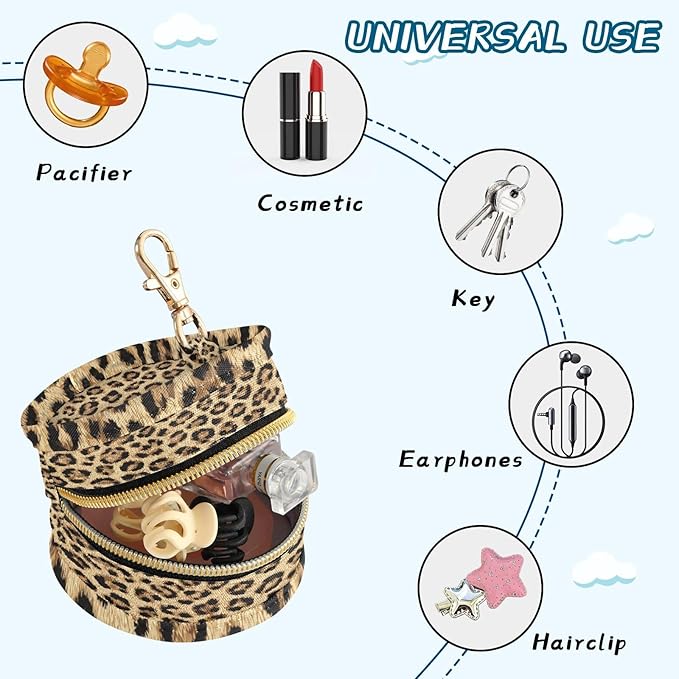 Pacifier Holder with Clip Pacifier Case for Diaper Bag Round Baby Pacifier Pouch Box Bag Portable Classical Leopard Print