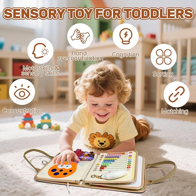 Aurasys Busy Board Montessori Toys for Toddlers Birthday Gifts, Montessori Busy Book Sensory Board Educational Activity Book for Learning Fine Motor Skills, Airplane Travel Toys for Boy & Girl