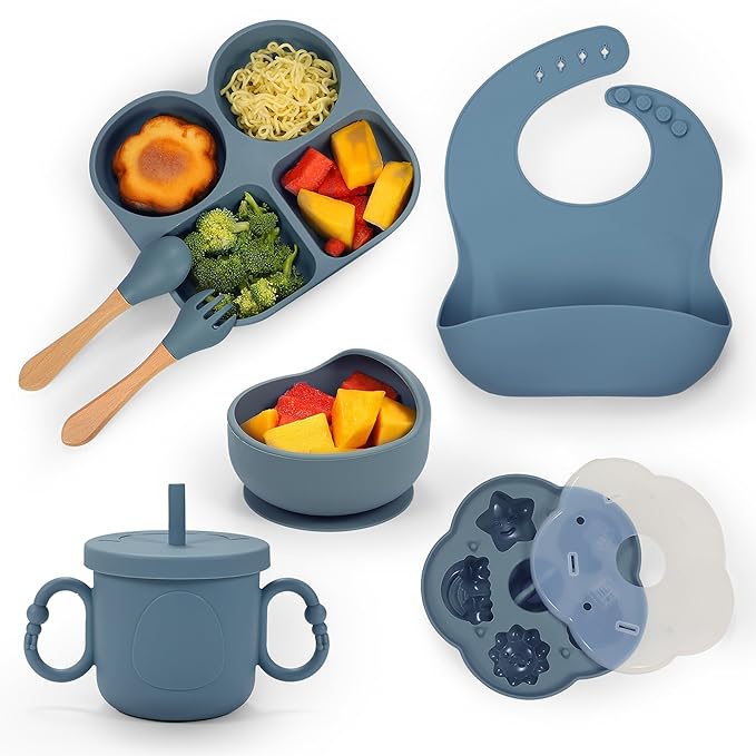Silicone Feeding Set, Led Weaning Supplies, Food Tableware Suction Plate, Bowl, Spoons, Fork, Waterproof Bib, Cup & Complementary Food Cake Mold, Baby Eating Utensils