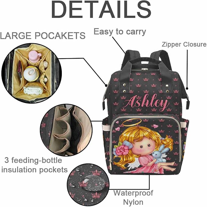 M YESCUSTOM Customized Travel Nursing Nappy Bag Pink Crown Print Shoulder Bag Waterproof Casual Daypack Travel Backpack for Mom (Black)