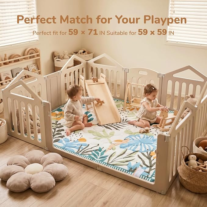 Momcozy Baby Play Mat for Floor, 59"x71" Thickened Playpen Mat, Playmate for Baby Tummy Time, Waterproof & Non-Slip, Foldable Outdoor Mat with Carrying Handle, Forest World