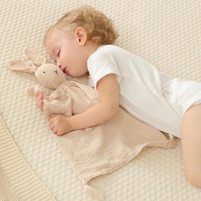 insular Bunny Lovey Blanket for Boys and Girls, Organic Cotton Muslin Security Blanket for Babies, Soft Breathable Lovie Soothing Towel for Newborn and Infant, 2 Pcs Set (Beige&Khaki)