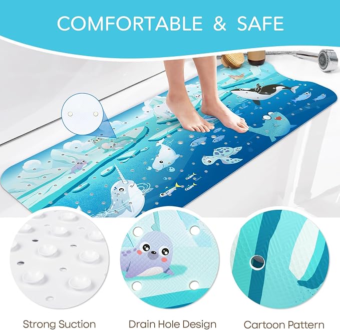 SHUCHING Baby Bath Mat for Tub Non Slip-40 X 16 Inch, Bathtub Mat Non Slip for Kids, Toddler Long Shower Mat for Bathroom, Polar Animal