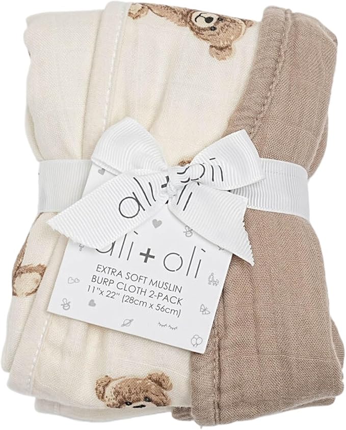 Ali+Oli 2-pk Muslin Burp Cloths for Baby Boys and Girls (Teddy-Taupe) Organic Baby Burp Cloth, Burp Rags for Newborn
