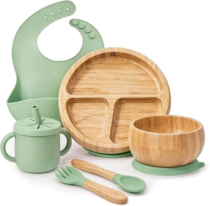 Bamboo Suction Plates for Babies and Bamboo Plates For Kids Baby Feeding and Weaning (Green)