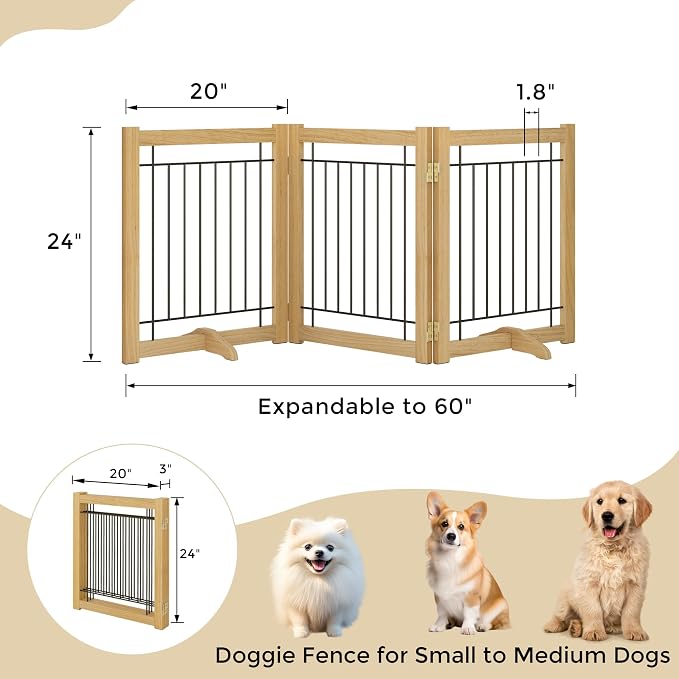 Acovy Wire Dog Gate Solid Wood Frame, Anti-Chewing Pet Gate Indoor Freestanding Indoor Foldable Dog Fences for Stairs, House, Doorway Extra Wide, 3-Panel, 60" Wide Oak Color