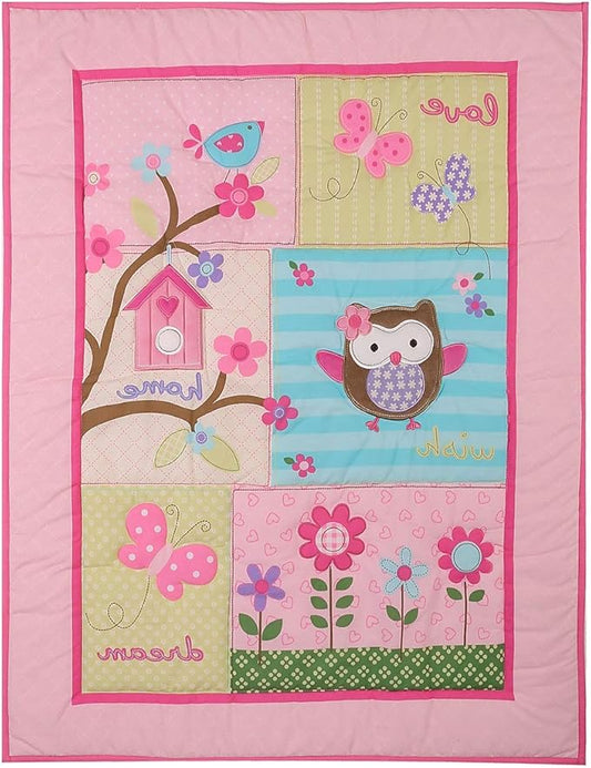 1 PC Pink Embroidery Owl Theme Nursery Crib Comforter Baby Girl Jungle Friends Quilted Blanket