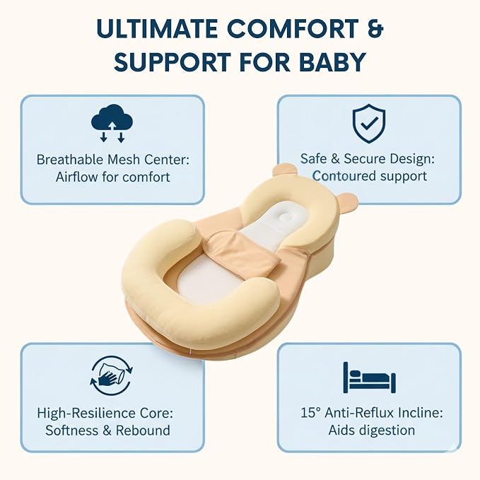 Baby Feeding Pillow - Firm & Secure Adjustable Nursing Pillow with Safety Strap - Baby Body Support Cushion - Yellow