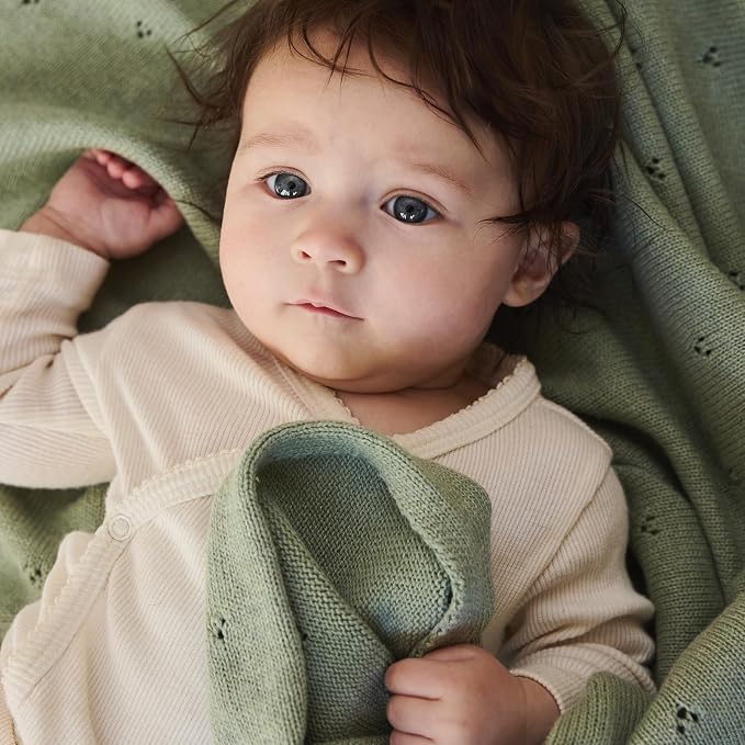 100% Organic Cotton Pointelle Knit Baby Boy Quilt – Lightweight, Breathable Swaddle Blanket for Newborns | Baby Registry Essential & Gift (Roman Green)