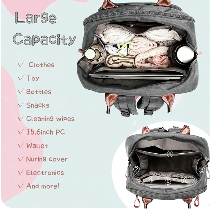 LORADI 18 Pockets Large Diaper Bag Backpack with Insulated Pockets and Stroller Clips, Baby Shower Gifts (Grey, Large)