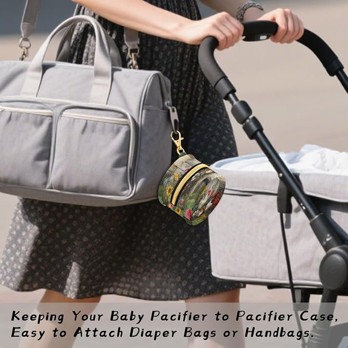 Pacifier Holder with Clip Pacifier Case for Diaper Bag Round Baby Pacifier Pouch Box Bag Portable Oil Pattern Roosters Sunflower