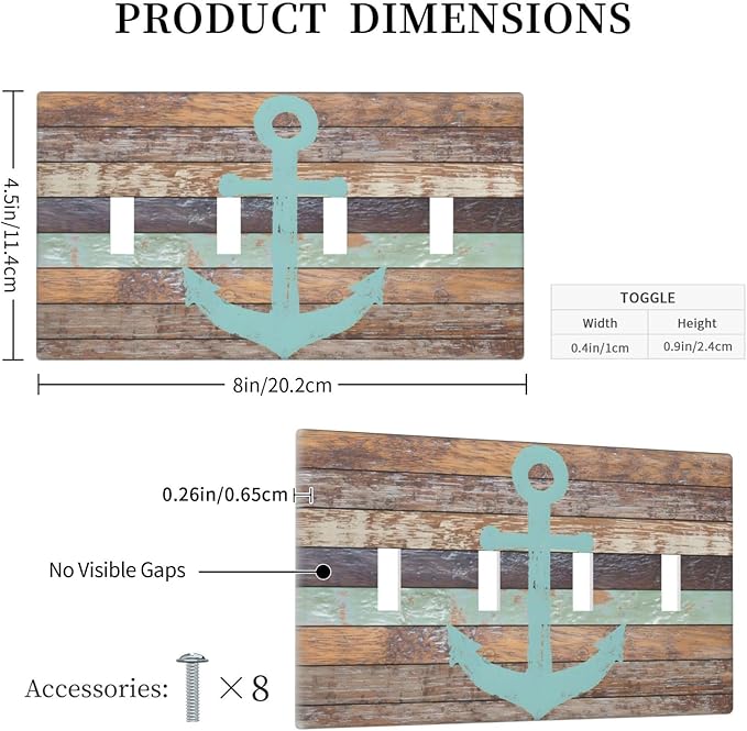 Timeworn Marine Weathered Wood Rustic Nautical Anchor Light Switch Covers Quad Toggle Electrical Faceplate 4 Gang Wall Plate Decorative Switch Plates Cover for Farmhouse Home Decor