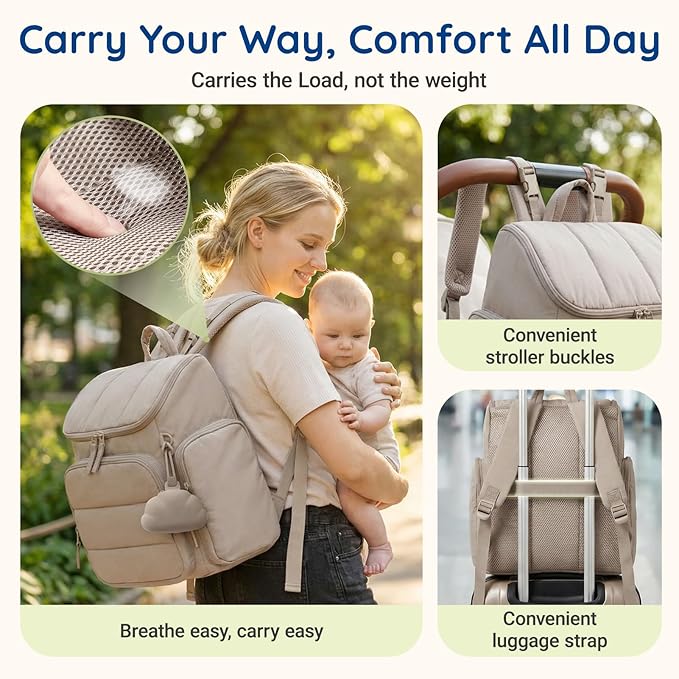 mommore Diaper Bag Backpack, Baby Bag with Waterproof Changing Pad and Stroller Straps for Toddler, Diaper Backpack for Mom Dads with Insulated Pockets & Pacifier Case, Baby Essential, Checkered Khaki