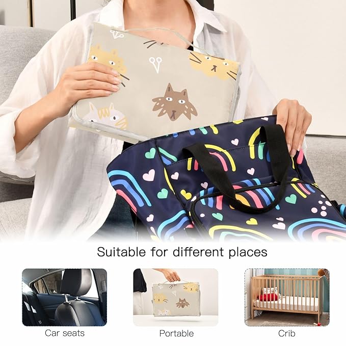 Portable Diaper Changing Pad Travel Baby Changing Mat Waterproof Diaper Changing Mat Foldable Lightweight Baby Changer with Built-in Pillow Cat Faces Brown