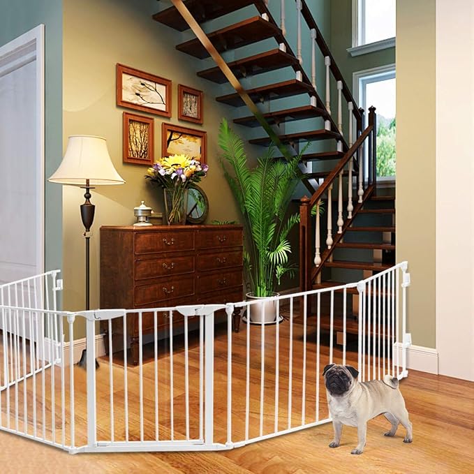 Costzon Baby Safety Gate, 181-Inch Extra Wide Fireplace Fence with Walk-Through Door in Two Directions, Add/Decrease Panels Directly, Wall-Mount Metal Gate for Pet & Child