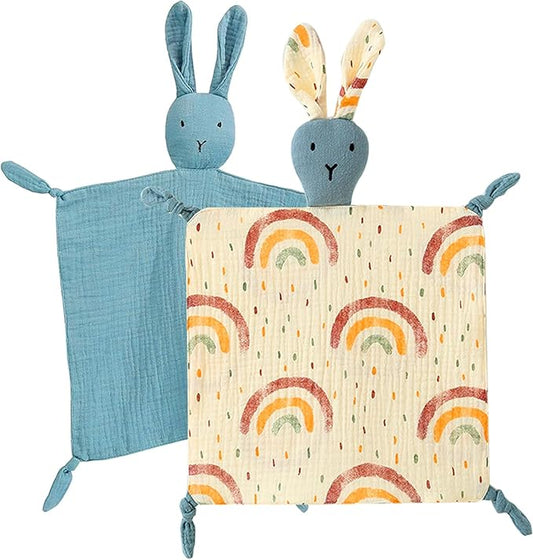 Organic Cotton Muslin Lovey Blanket, Organic Cotton Muslin Bunny Security Blanket Soft & Breathable Lovie Baby Gifts for Boys and Girls