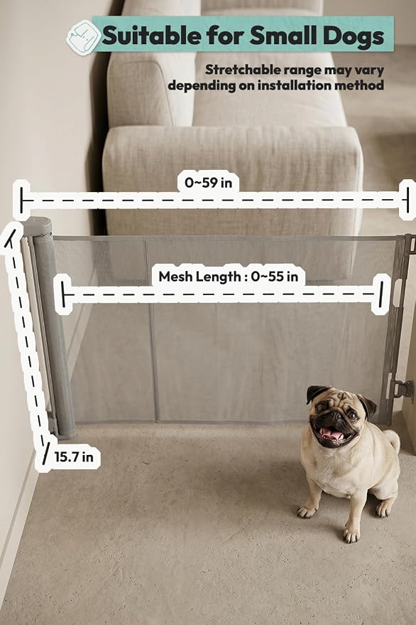 15.7" H Mesh Short Dog Gate, Extends Up to 59" W Retractable Pet Gate with Drill Installation, Small Dog Gate for Stairs, Easy Step Over Low Puppy Gate for Doorways Indoor Outdoor, Grey