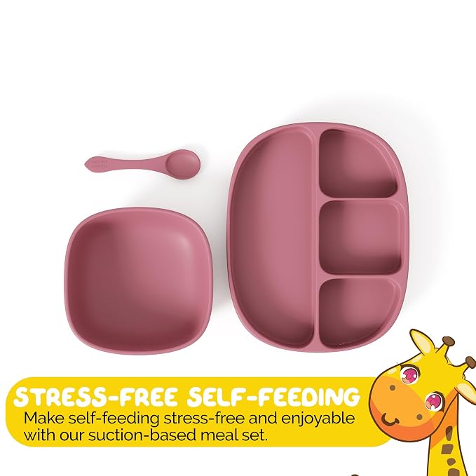 Baby Led Weaning Supplies by Muqee Peeko with Baby Suction Plate, Suction Bowl and Baby Spoons Self Feeding 6+ months in Warm Vanilla Beige Color (3 Piece Set)