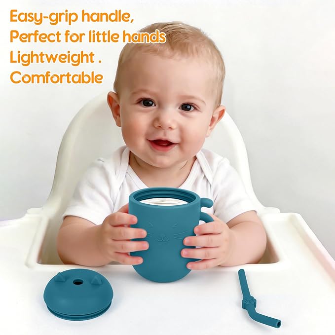 MCGMITT Silicone Baby Sippy Cup, 5oz Spill Proof Straw Cup for Infants Kids 6 12 18 Months, BPA Free Non Toxic Toddlers Training Cup with Handle, Soft Chew-Resistant Straw, Microwave & Dishwasher Safe