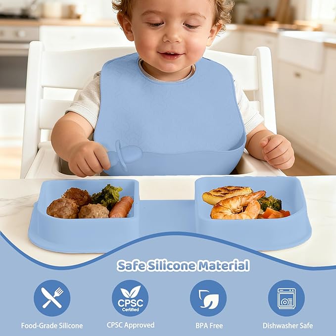 Blue Silicone Foldable Feeding Set, Travel Baby Feeding Supplies Including Toddler Plates, Silicone Baby Spoon&Fork, Adjustable Foldable Bib, Portable Infant Toddler Utensils