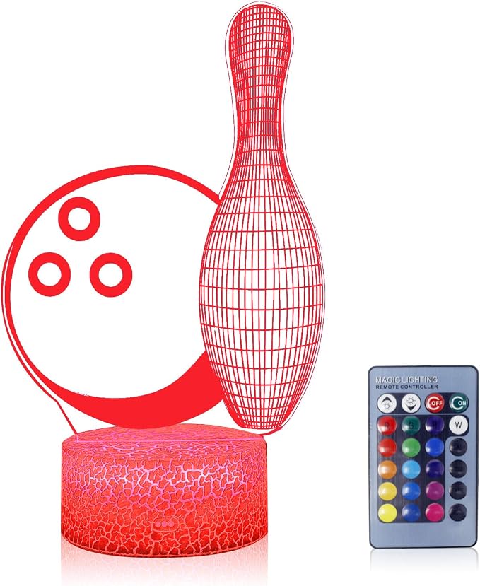 3D Illusion Bowling Night Light Teenager Christmas Gifts Xmas Gift Lamp 16 Color Change Touch White Crack Base Birthday Present with Remote Control Boys Girls