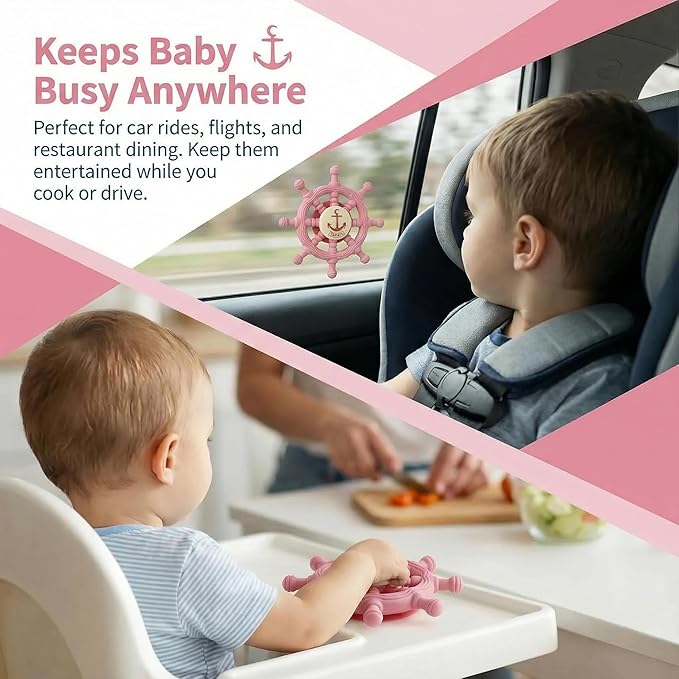 Baby Suction Spinner Toys for Bathtub, Silicone Pink Toddler Bath & High Chair Toys for 1 Year Old Boy/Girl Birthday Gift, Interactive Ship Steering Wheel InfantToy for Car Window Travel