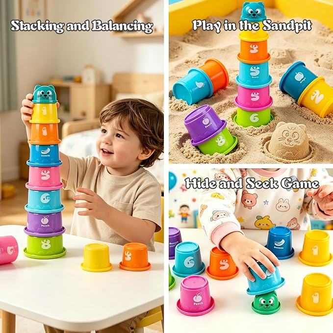 4 in1 Montessori Toys for 1 Year Old,17 Pcs Boys Girls 1st Birthday Gifts, Stacking Cups,Shape Sorter,Multi Sensory Shapes for Babies Early Educational Baby Travel Toys for Toddler 6-12 Months