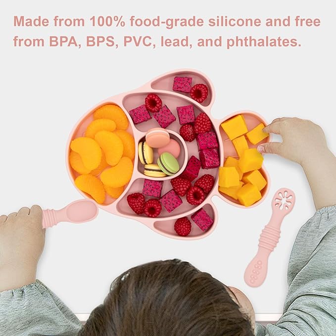 BabyX Baby Silicone Feeder Set, 3-pcs Pink-Fish-themed Baby Plate with Suction, Spoon and Fork for Babies Toddler Kids, BPA-Free, Baby Utensils Feeding Supplies, Microwave and Dishwasher Safe