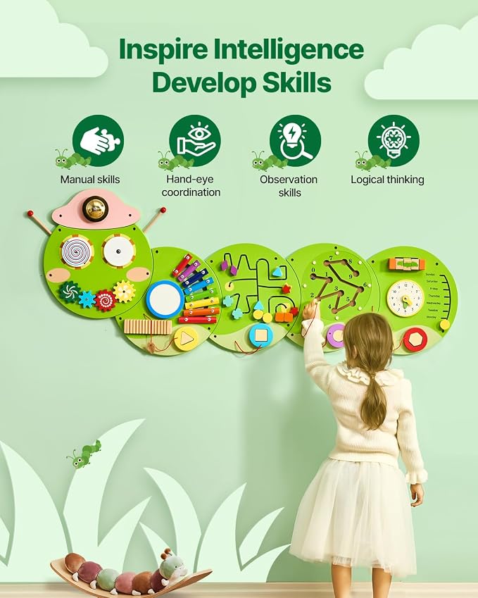 VEVOR Caterpillar Activity Wall Busy Board Wall, 12 Wall Activities Board, Montessori Sensory Wall Panel for Kids 3-12 Years, Sensory Wall Activity Board, Ideal for Toddler Playroom Nursery Classroom