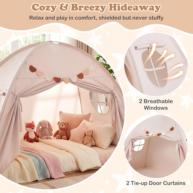 Costzon Toddler Bed Tent, Twin Size Indoor Canopy Tent for Kids w/ 2 Windows, Flag Banner, Brushed Fabric Privacy Playhouse, Portable Play Tent for Bunk Bed, Playroom, Suits 3+ Boys & Girls (Beige)
