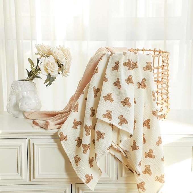 insular Muslin Swaddle Blankets for Boys Girls, 2 Pack Receiving Baby Blanket Large 47 x 47 inches, Soft Breathable Swaddling Wrap for Unisex Newborn, Teddy Bear&Khaki