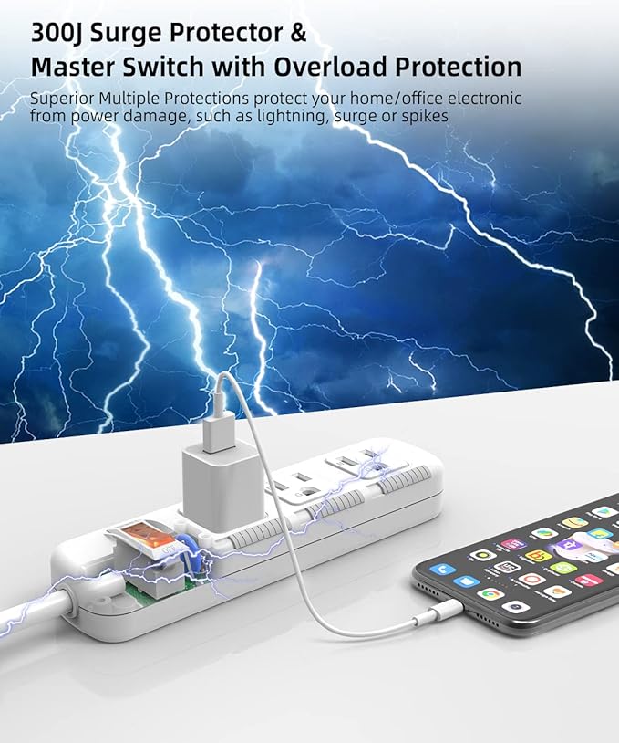 Flat Plug Power Strip Surge Protector 3 Outlets, Extension Cord 3 ft 3 Prong, 300J, 10A/1250W, Overload Protection Switch, Plug Strip for Home Office, Child Safety Slide Outlet Covers, SGS Approved