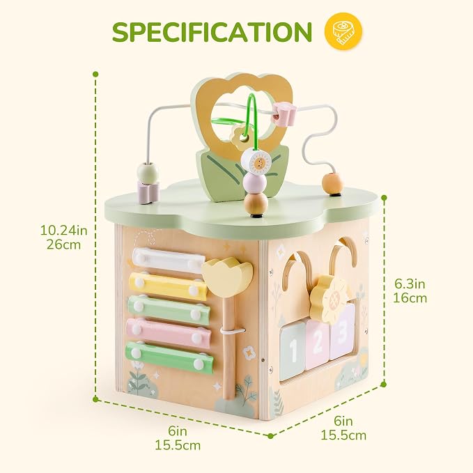 ROBUD Wooden Activity Cube, Educational Wooden Toys with 7 Functional Areas, Montessori Toys for 1+ Year Old Boys & Girls, Flower Bush Theme