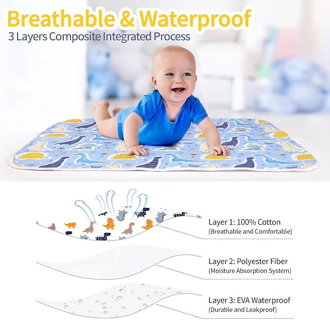 2 Pack Baby Changing Pad, Diaper Changing Mat for Dresser, Changing Table, Travel, 100% Cotton Surface, Breathable & Waterproof, Shower Gift for Newborn Boys, Extra Large 24" x 30", Dinosaur