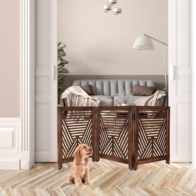 Lightnpro Extra-Wide Wooden Dog Gate – Rustic Freestanding Indoor Pet Barrier, Foldable Safety Fence for Small Dogs, Decorative Room Divider for Stairs, Doorways & Hallways – 24x54 Inch Burnt Finish