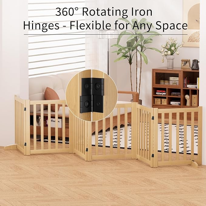 Wooden Freestanding Foldable Dog Gate, 24 Inch Height 6 Panel Pet Gate No Drill for Doorways Stairs, Fully Assembled Indoor Puppy Fence (Wood Color, 120" W x 24" H)