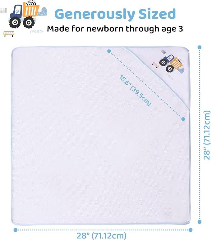 Mooreeke Baby Towel with Hood for Boys Blue Excavator Bath Towel for Babies Ultra Soft Absorbent 3 PCS Baby Towels and 3 PCS Washcloths for Newborn Essentials