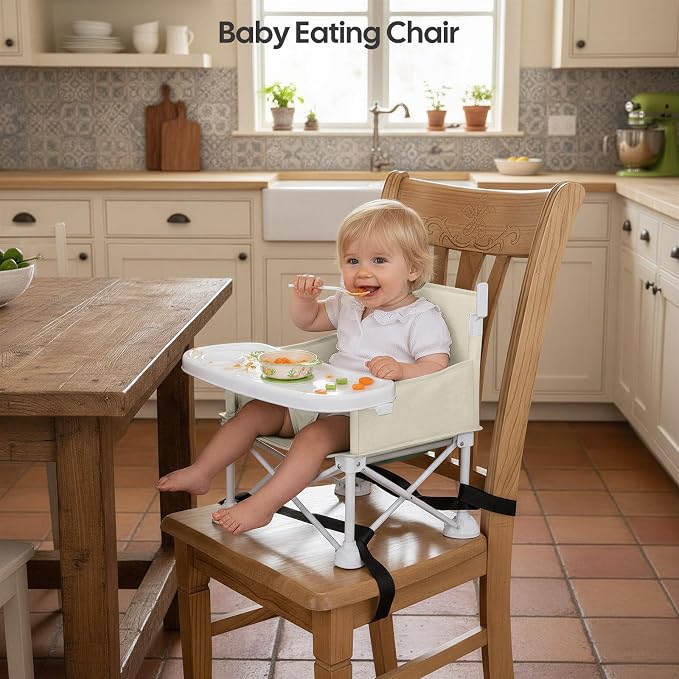 Cochildor 4-in-1 Portable Baby Chair, Foldable Toddler Booster Seat with Removable Tray, Canopy & Safety Harness, Beige